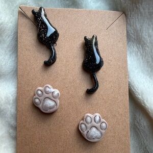 Black and Tan Cat and Paw Earrings